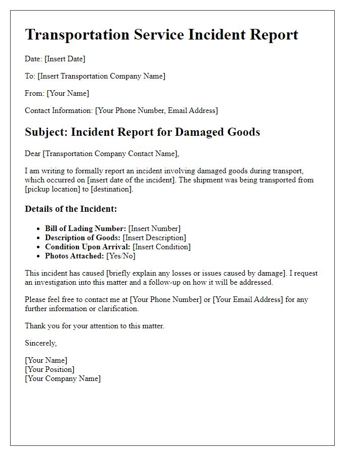 Letter template of Transportation Service Incident Report for Damaged Goods