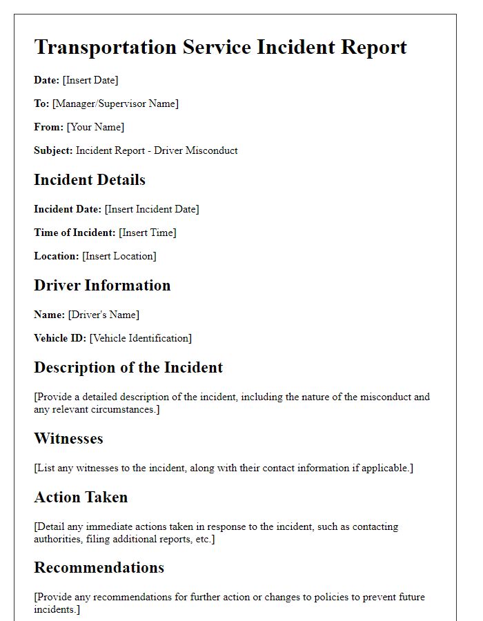 Letter template of Transportation Service Incident Report for Driver Misconduct