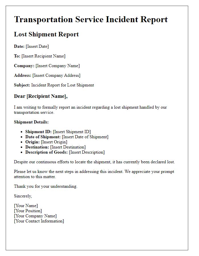 Letter template of Transportation Service Incident Report for Lost Shipment