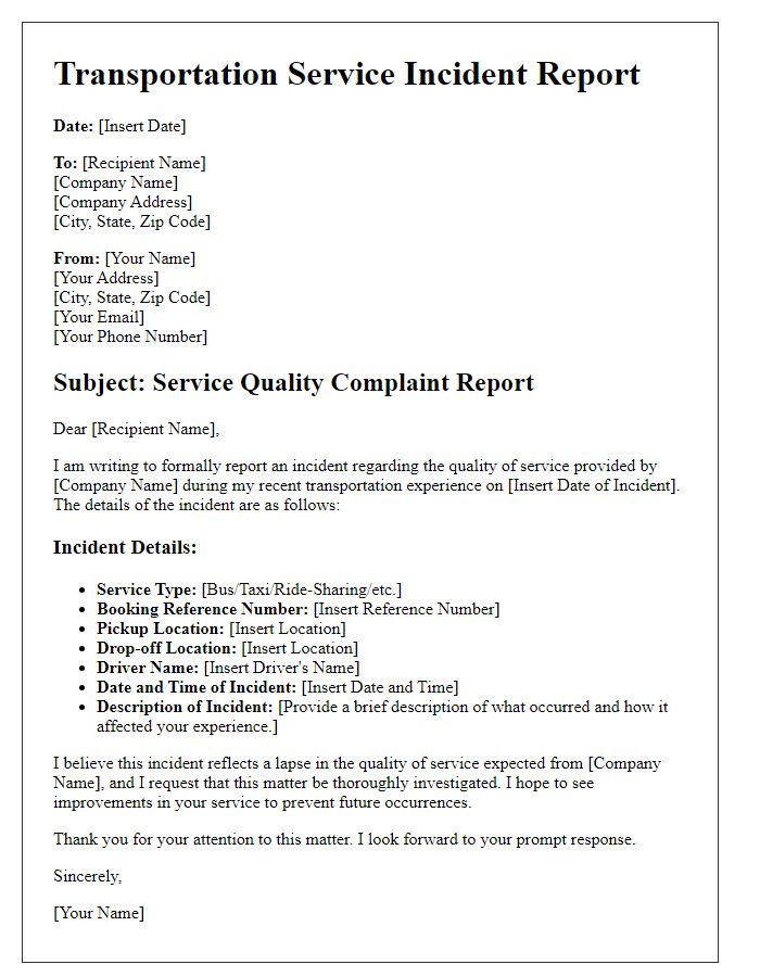 Letter template of Transportation Service Incident Report for Service Quality Complaint