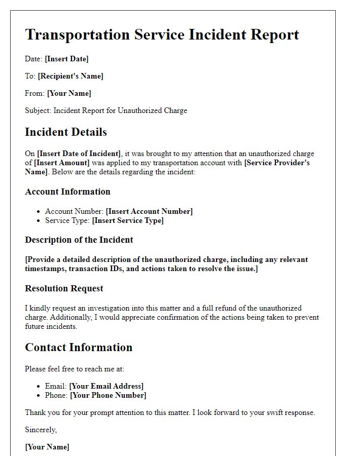 Letter template of Transportation Service Incident Report for Unauthorized Charge