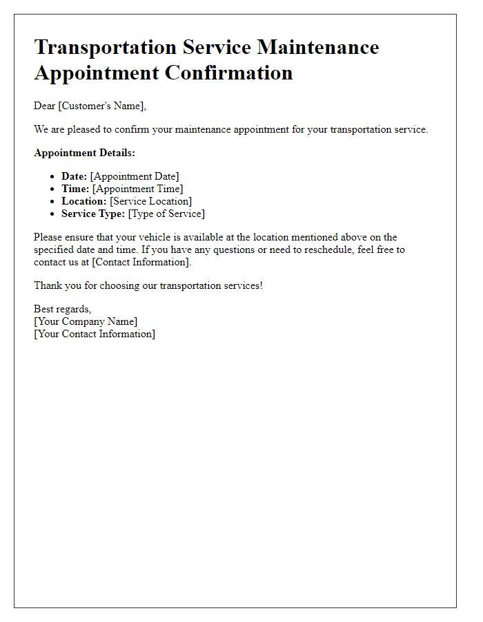 Letter template of transportation service maintenance appointment confirmation.