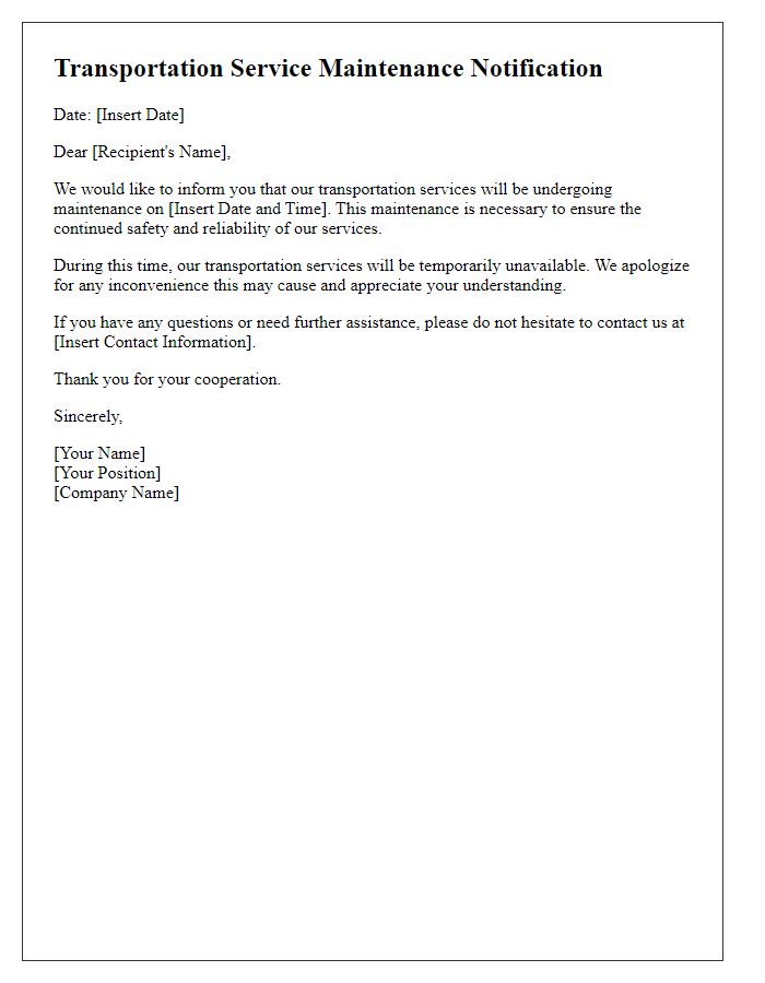 Letter template of transportation service maintenance notification.