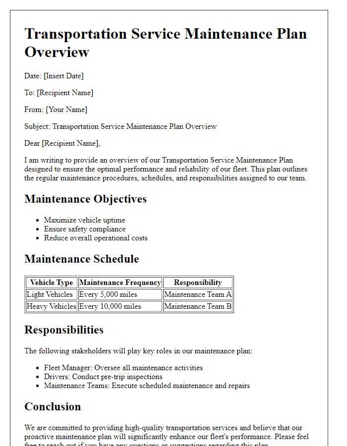 Letter template of transportation service maintenance plan overview.