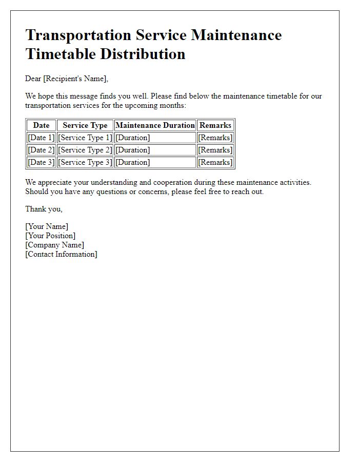 Letter template of transportation service maintenance timetable distribution.