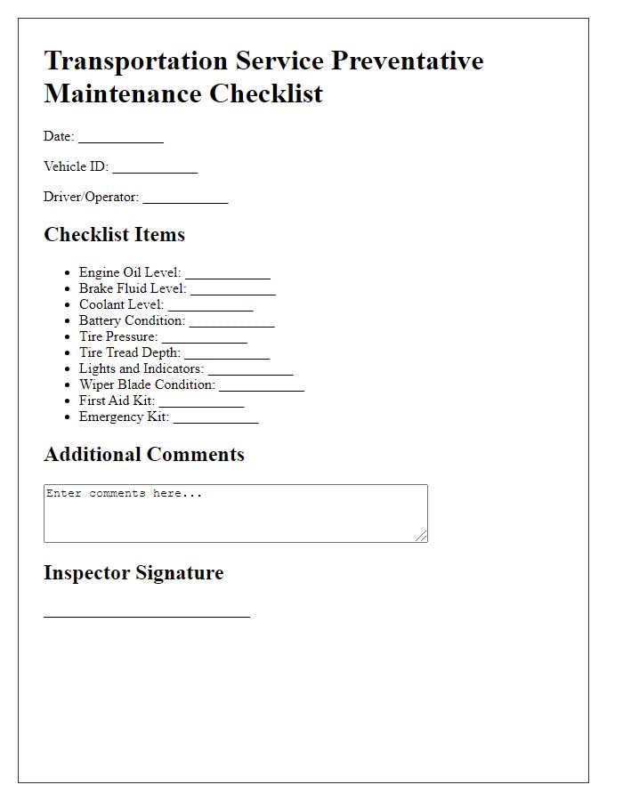 Letter template of transportation service preventative maintenance checklist.