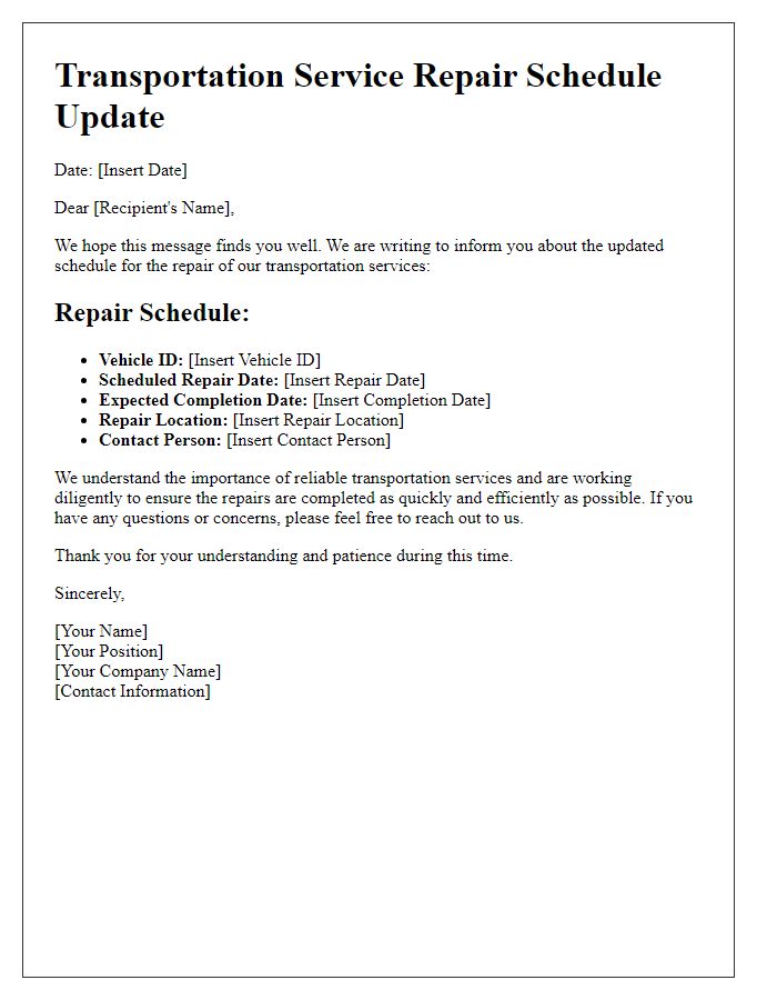 Letter template of transportation service repair schedule update.