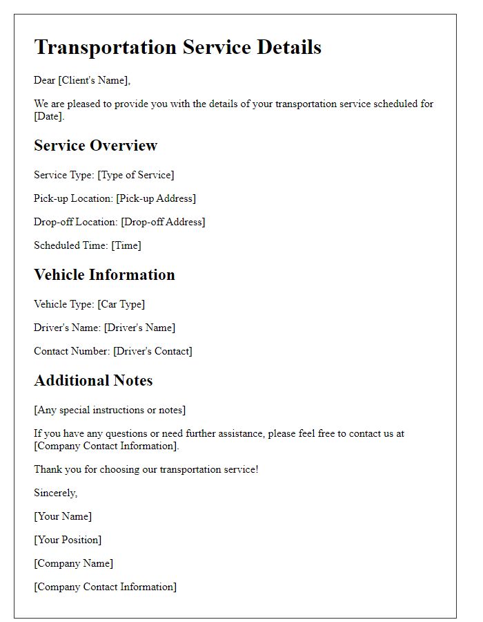 Letter template of transportation service servicing details communication.