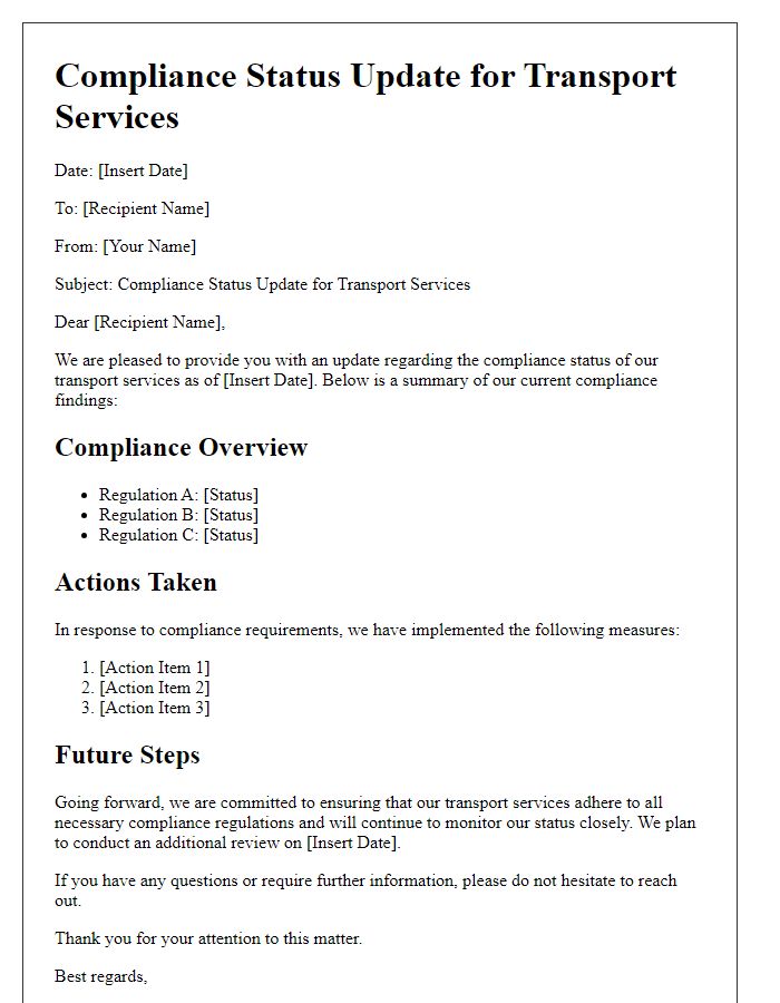 Letter template of Compliance Status Update for Transport Services