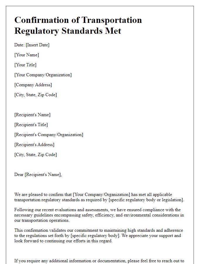 Letter template of Confirmation of Transportation Regulatory Standards Met