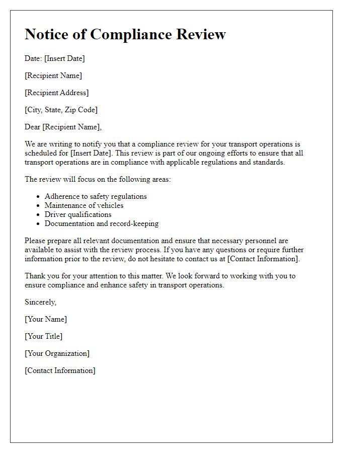 Letter template of Notice of Compliance Review for Transport Operations