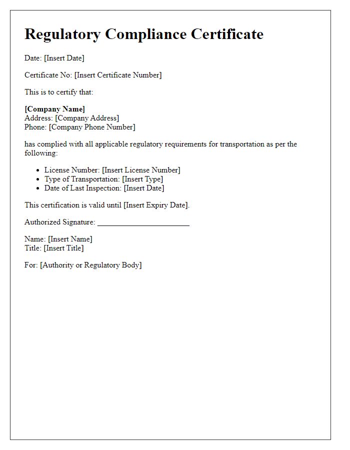 Letter template of Regulatory Compliance Certificate for Transportation