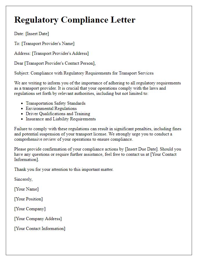 Letter template of Regulatory Compliance for Transport Providers