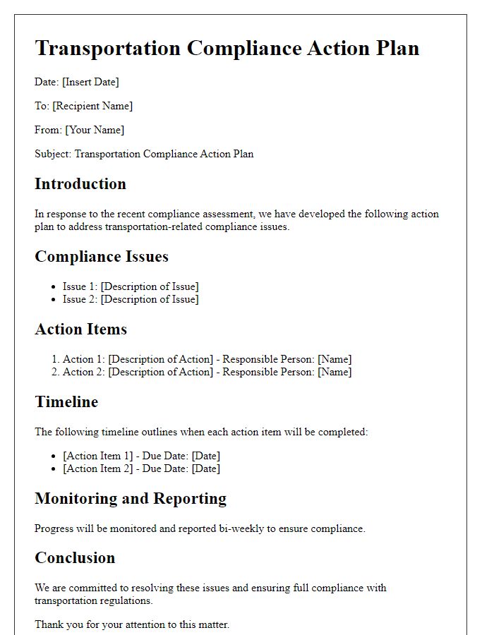 Letter template of Transportation Compliance Action Plan