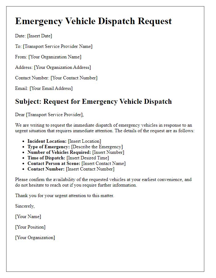 Letter template of transportation service for emergency vehicle dispatch request.