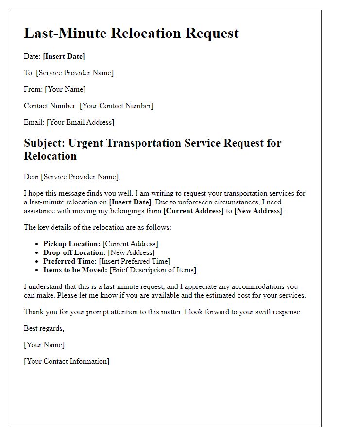 Letter template of transportation service for last-minute relocation request.