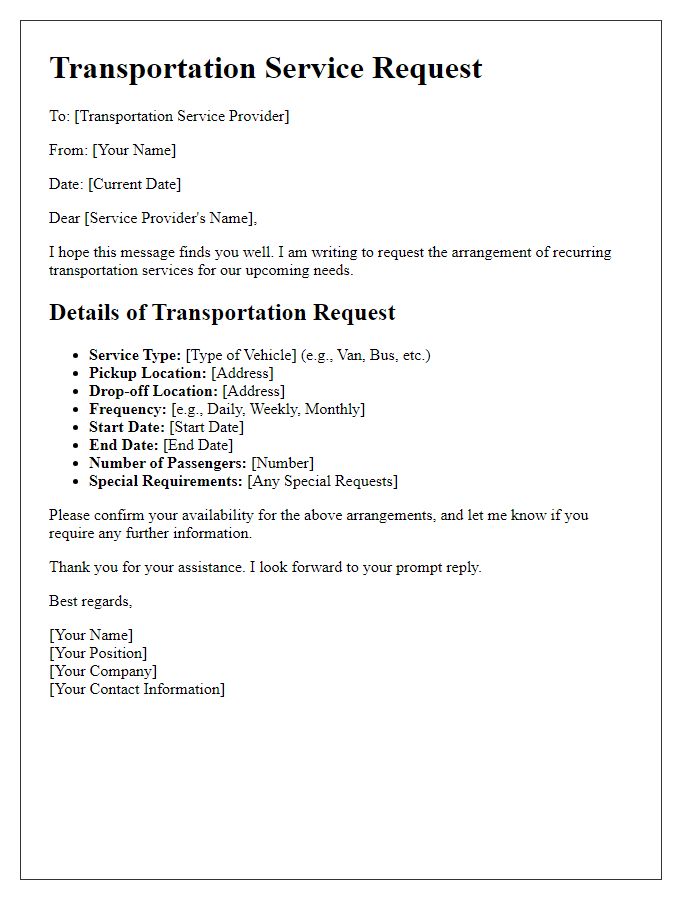 Letter template of transportation service for recurring transport arrangement request.