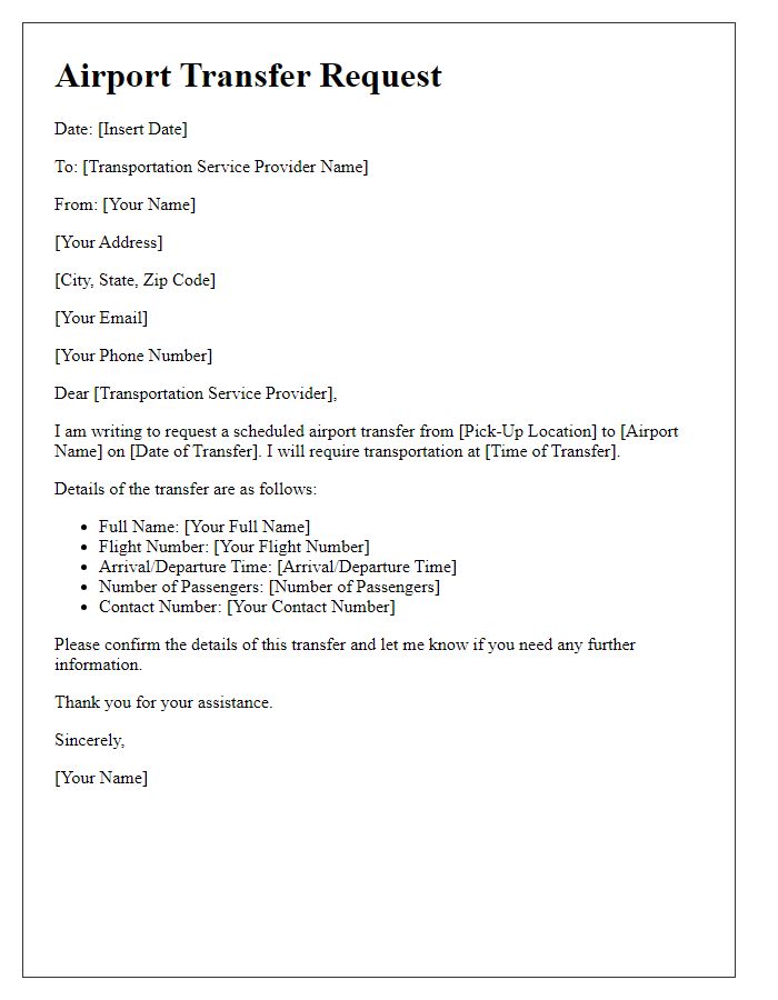 Letter template of transportation service for scheduled airport transfer request.