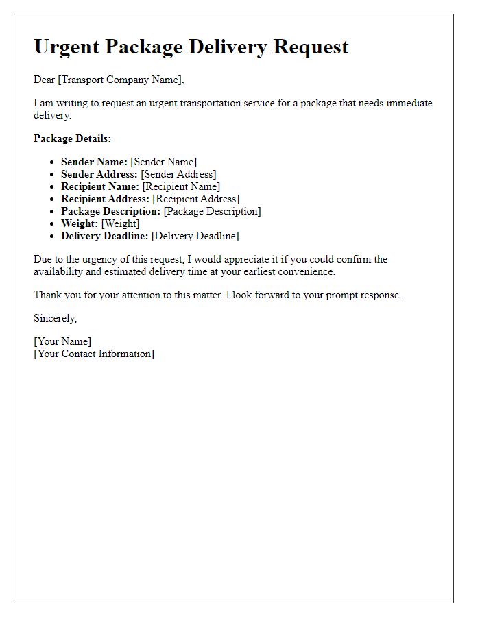 Letter template of transportation service for urgent package delivery request.