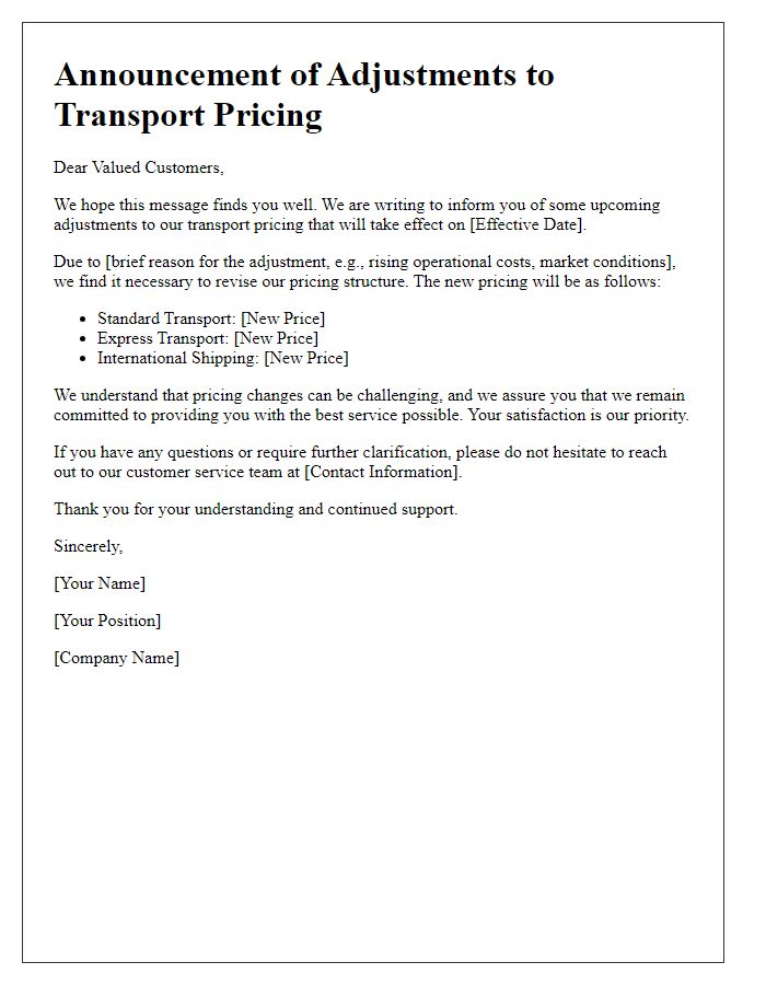 Letter template of announcement on adjustments to transport pricing