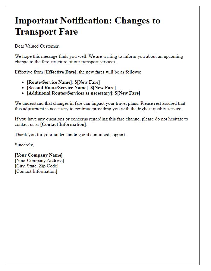 Letter template of communication regarding fare change in transport services