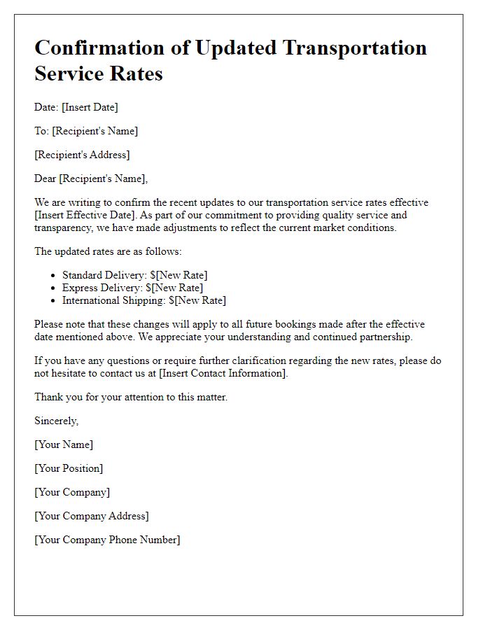 Letter template of confirmation for updated transportation service rates