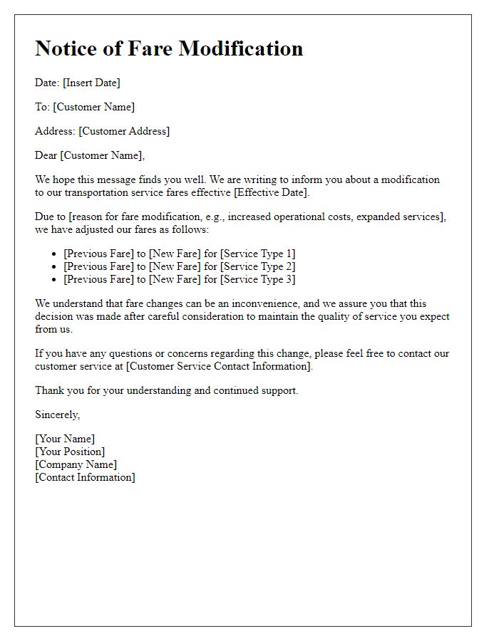 Letter template of notice for transportation service fare modification