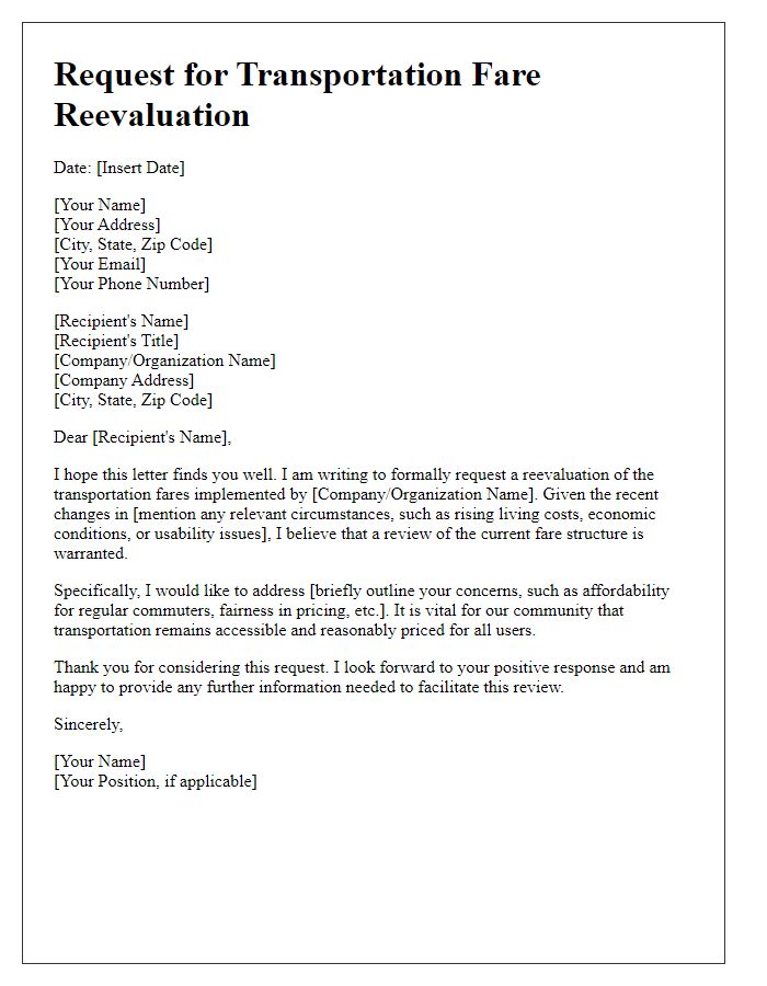 Letter template of request for transportation fare reevaluation