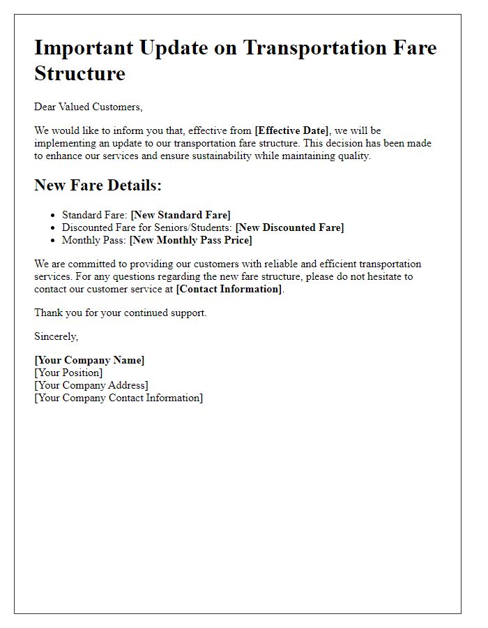 Letter template of update on transportation fare structure