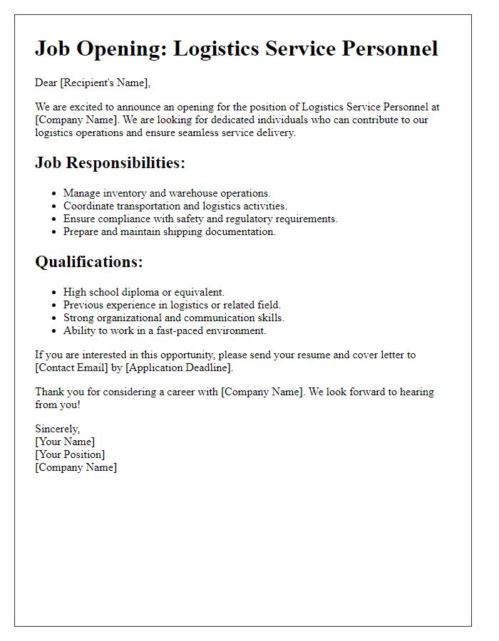 Letter template of logistics service personnel wanted