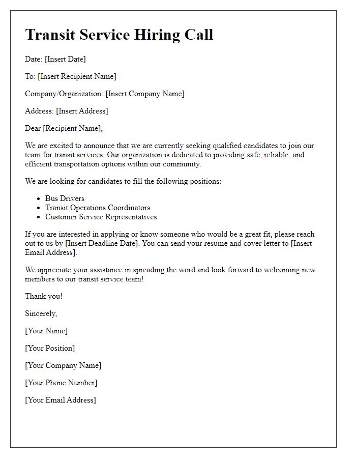 Letter template of transit service hiring call