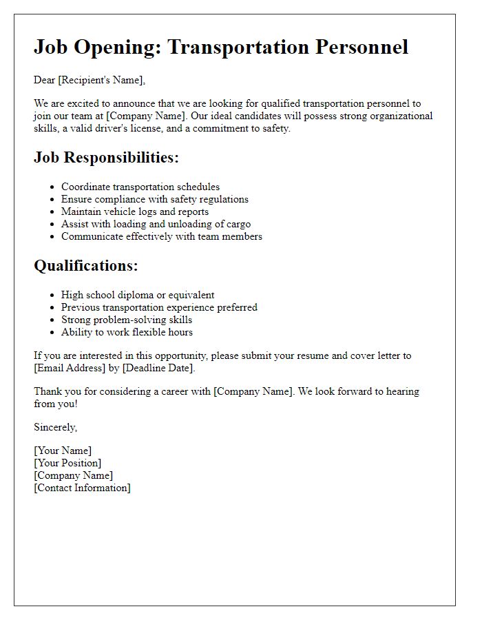 Letter template of transportation personnel wanted