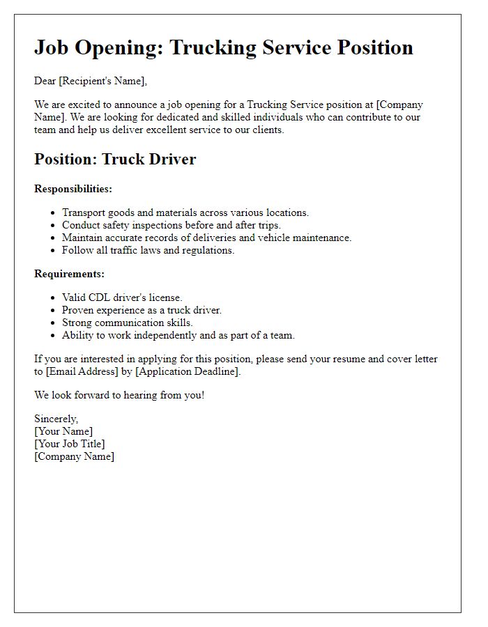 Letter template of trucking service job opening