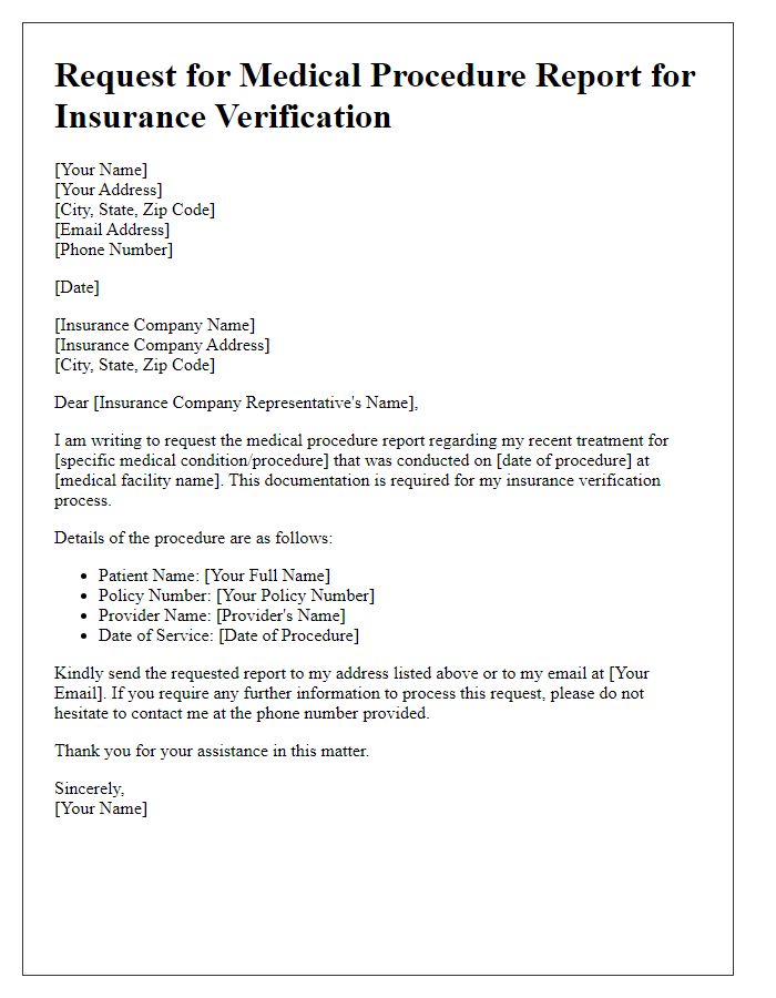 Letter template of medical procedure report request for insurance verification