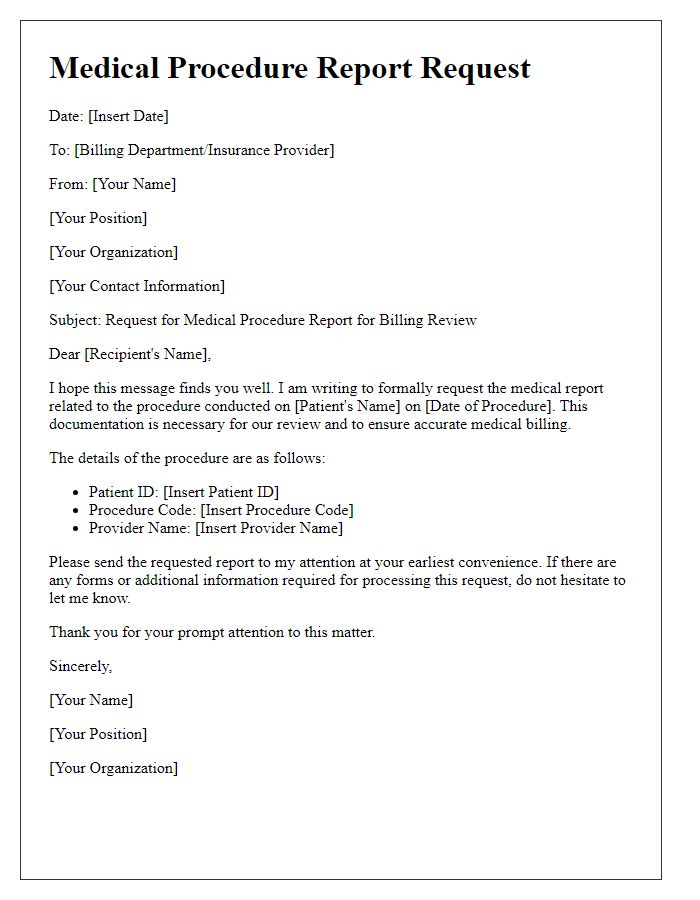 Letter template of medical procedure report request for medical billing review