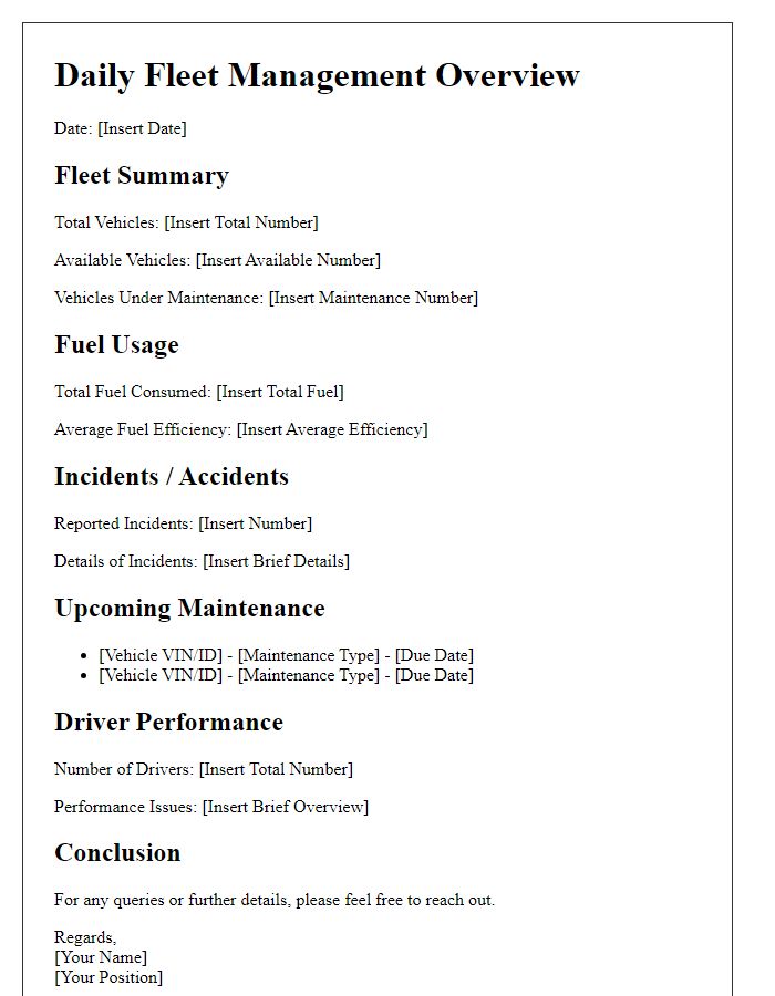 Letter template of daily fleet management overview