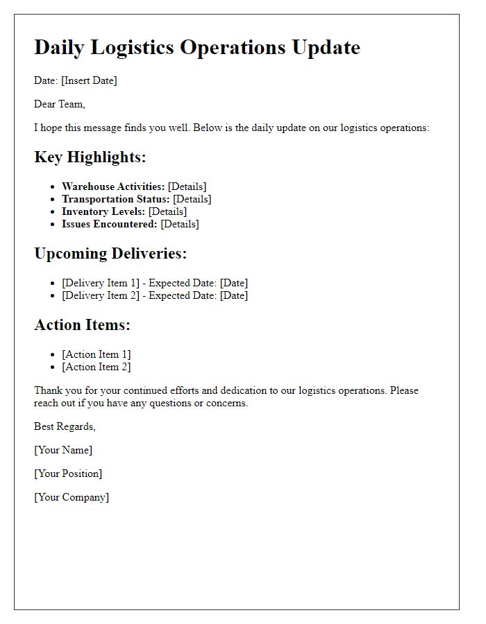 Letter template of daily logistics operations update