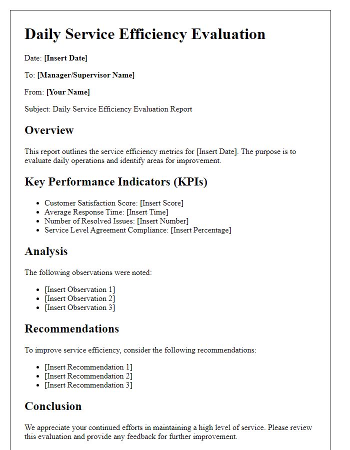 Letter template of daily service efficiency evaluation