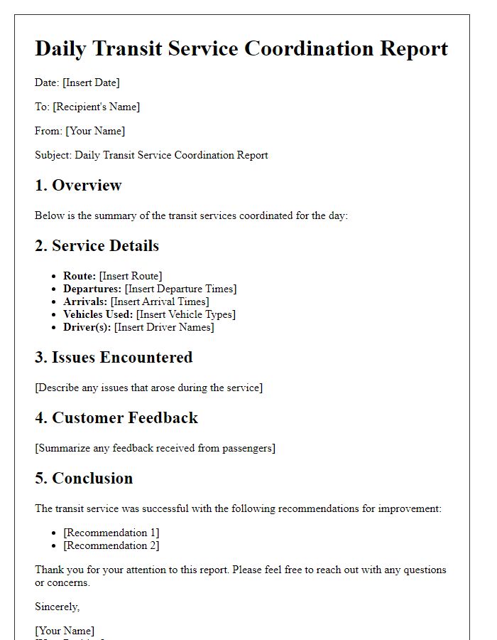 Letter template of daily transit service coordination report