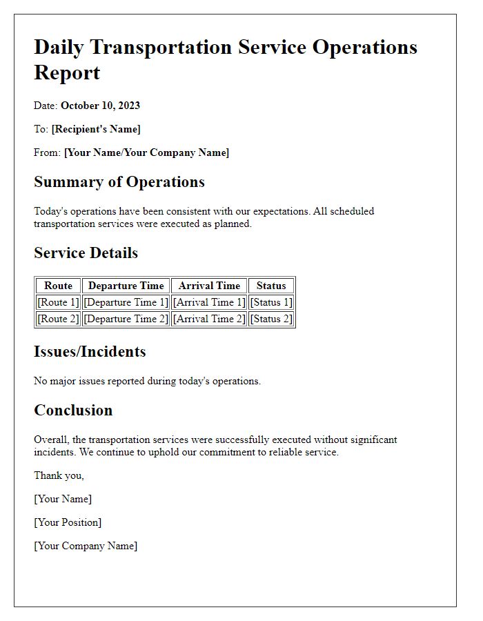 Letter template of daily transportation service operations report