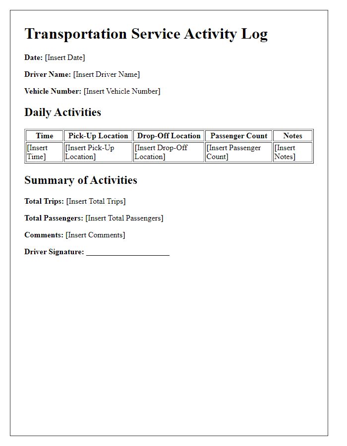 Letter template of routine transportation service activity log