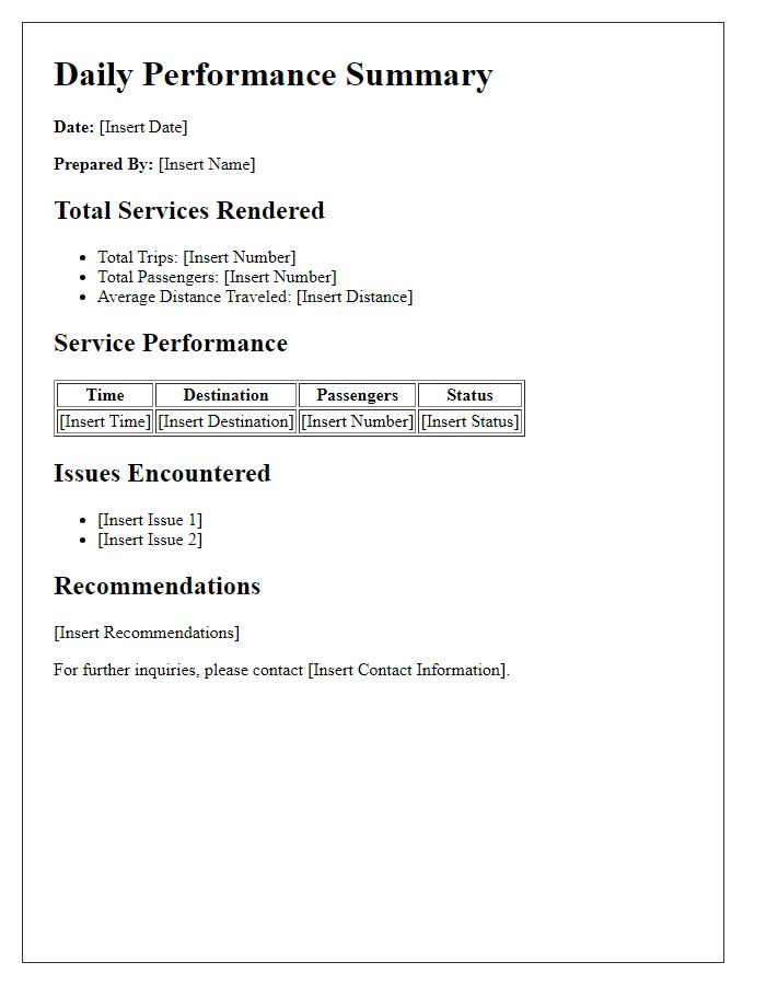 Letter template of transportation service daily performance summary