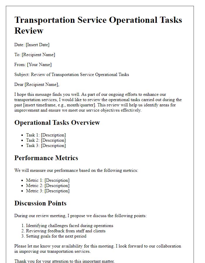 Letter template of transportation service operational tasks review