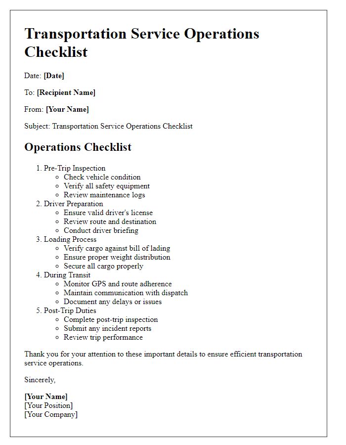 Letter template of transportation service operations checklist