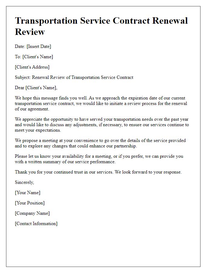 Letter template of transportation service contract renewal review