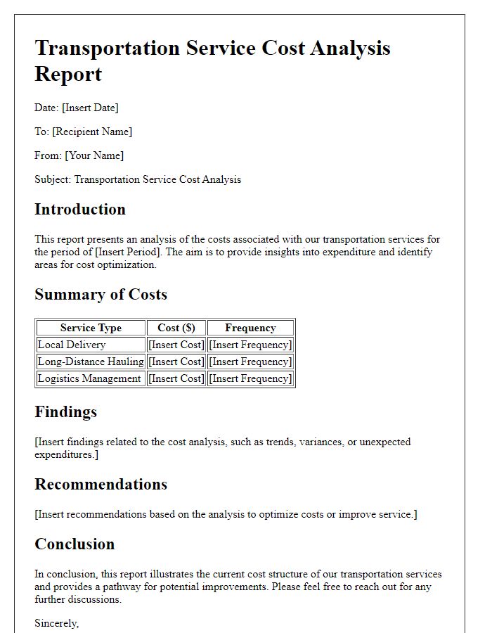 Letter template of transportation service cost analysis report