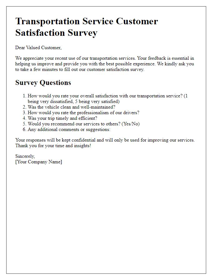 Letter template of transportation service customer satisfaction survey