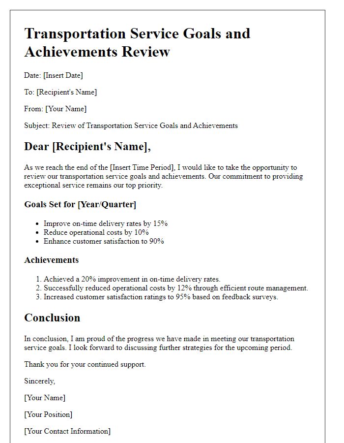 Letter template of transportation service goals and achievements review