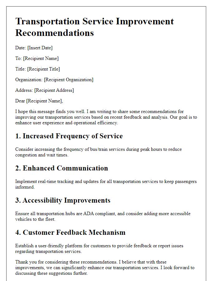 Letter template of transportation service improvement recommendations