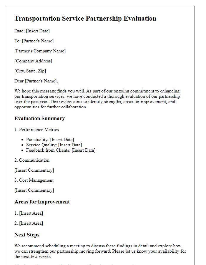 Letter template of transportation service partnership evaluation